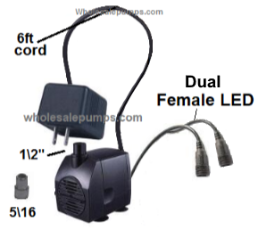 Jingnuo water pump model JN-355 intended for submersed use with 2 led connectors to light up any small fountain system.